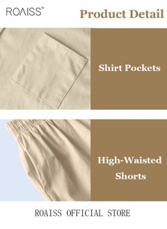 roaiss Women's Summer Two Pieces Set Solid Color Lapel Cotton Linen Shirt High-Waisted Shorts Set 2 Piece Lounge Set Button Down Long Sleeve Shirt + Stretchy Waist Shorts Loungewear  - Image 4