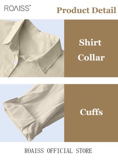 roaiss Women's Summer Two Pieces Set Solid Color Lapel Cotton Linen Shirt High-Waisted Shorts Set 2 Piece Lounge Set Button Down Long Sleeve Shirt + Stretchy Waist Shorts Loungewear  - Image 3