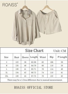 roaiss Women's Summer Two Pieces Set Solid Color Lapel Cotton Linen Shirt High-Waisted Shorts Set 2 Piece Lounge Set Button Down Long Sleeve Shirt + Stretchy Waist Shorts Loungewear  - Image 5