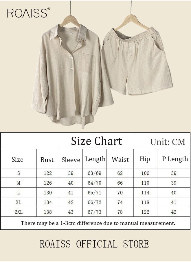 Women's Summer Two Pieces Set Solid Color Lapel Cotton Linen Shirt High-Waisted Shorts Set 2 Piece Lounge Set Button Down Long Sleeve Shirt + Stretchy Waist Shorts Loungewear - pzsku/ZAD7BB26F0122135C89FCZ/45/_/1724811203/5888e31f-935c-44c3-94b6-82998771311a