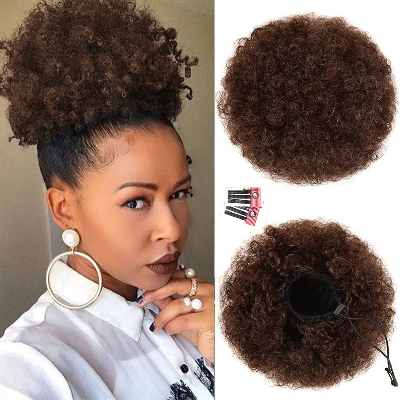 rosmile Afro Puff Drawstring Ponytail Extension for Black Women, Premium Medium Brown #4 80 Gram Short Synthetic Afro Puff Ponytail for Natural Hair, Clip On Kinky Drawstring Curly Ponytail Bun - Image 1