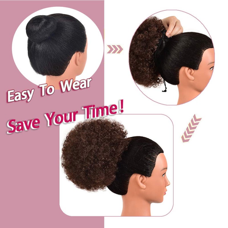 rosmile Afro Puff Drawstring Ponytail Extension for Black Women, Premium Medium Brown #4 80 Gram Short Synthetic Afro Puff Ponytail for Natural Hair, Clip On Kinky Drawstring Curly Ponytail Bun - Image 3