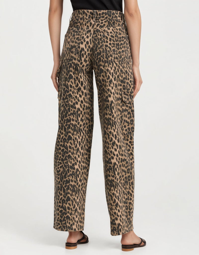Kedera Womens Leopard Cargo Pants Straight Leg Cheetah Print Jeans Wide Leg Y2K Barrel Baggy Boyfriend Jeans with Pockets - Image 4