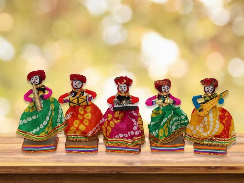 JH Gallery Recycled Material Rajasthani Home Decor Items Musician Bawla Puppets Idol Show Pieces for Home Decor 11 X 28 Cm Multicolor, 5 Pieces (Male Puppets) - Image 4