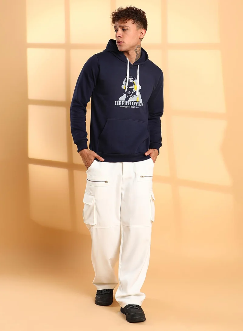 Campus Sutra Men's Navy Blue Beethovan Hoodie With Kangaroo Pocket