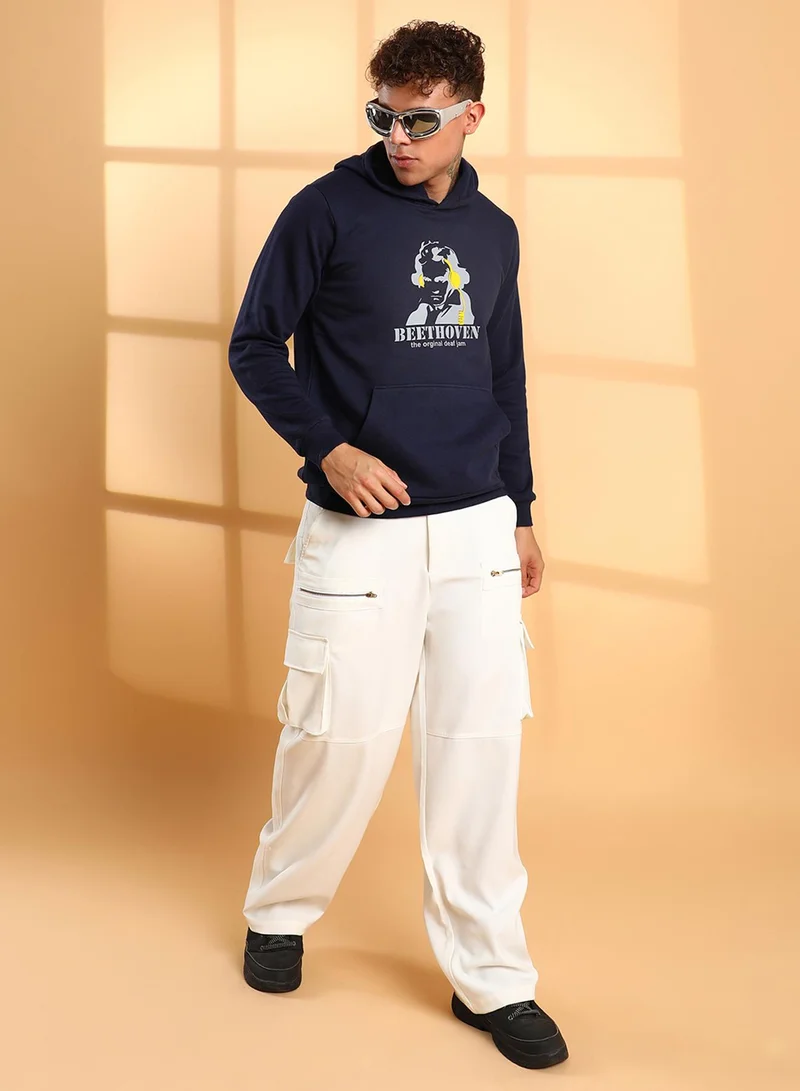 Campus Sutra Men's Navy Blue Beethovan Hoodie With Kangaroo Pocket