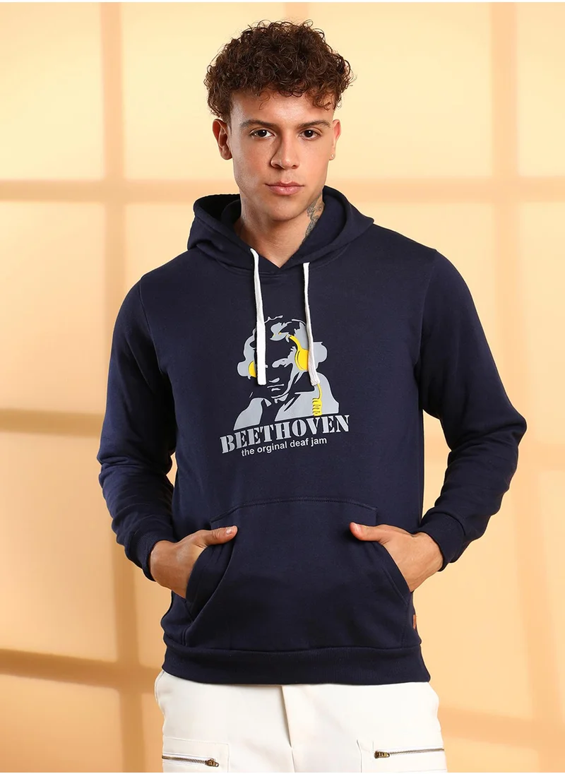 Campus Sutra Men's Navy Blue Beethovan Hoodie With Kangaroo Pocket