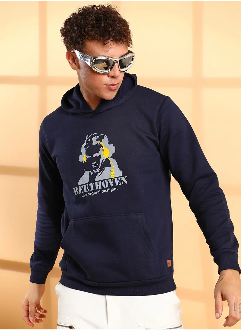Campus Sutra Men's Navy Blue Beethovan Hoodie With Kangaroo Pocket