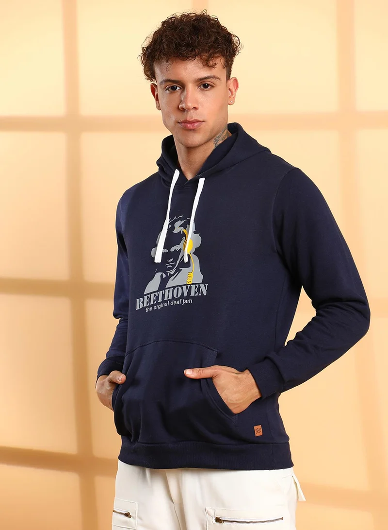 Campus Sutra Men's Navy Blue Beethovan Hoodie With Kangaroo Pocket