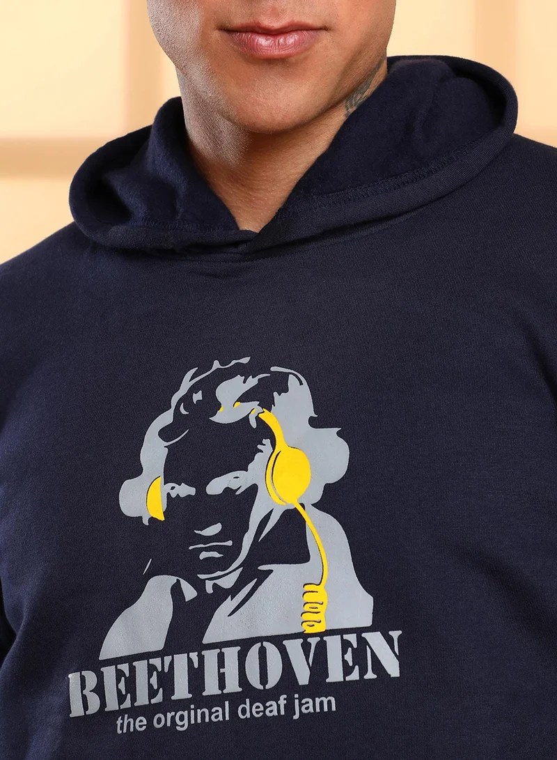 Campus Sutra Men's Navy Blue Beethovan Hoodie With Kangaroo Pocket