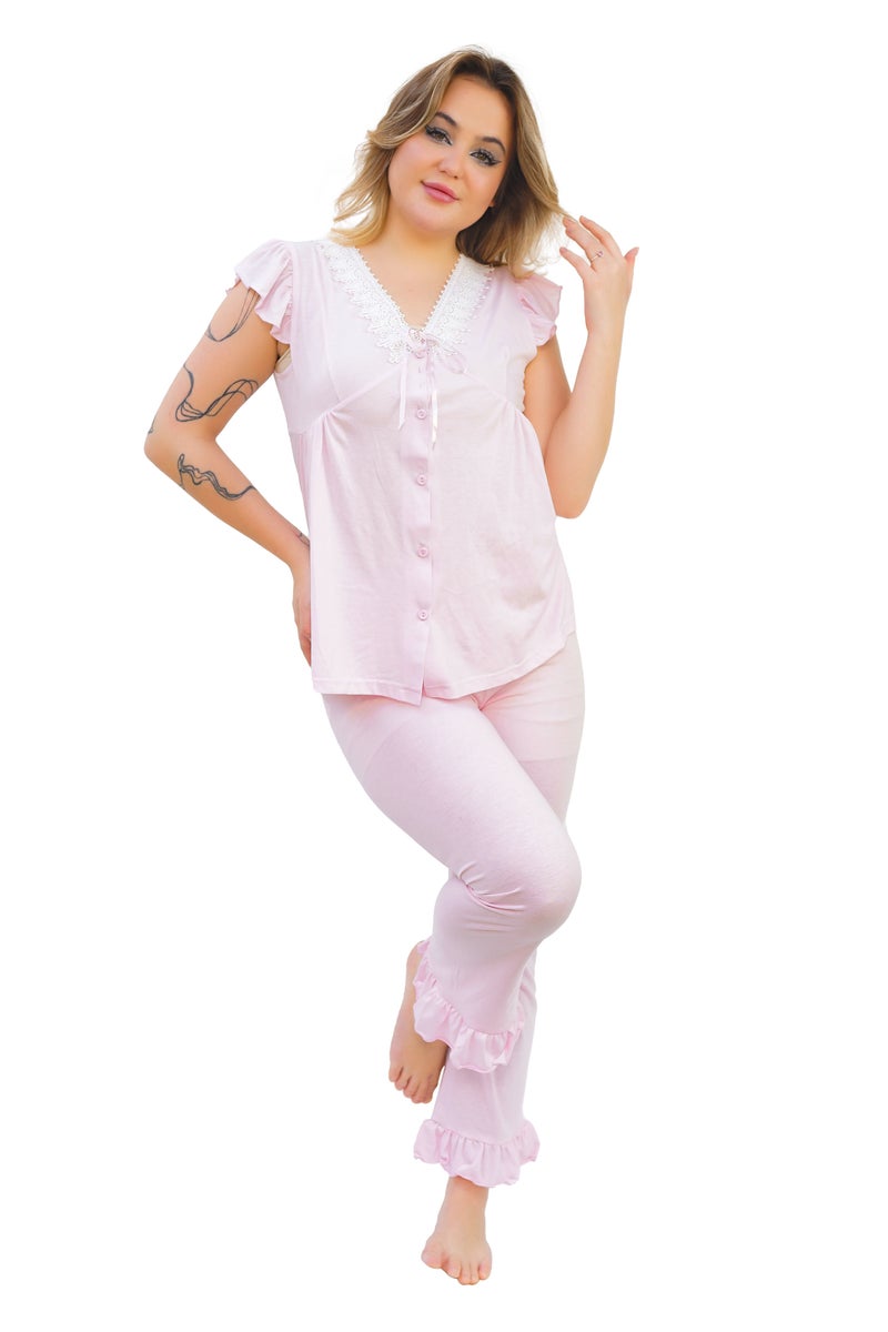 Dadoush Women's pajamas, soft and comfortable, half sleeves, pants - pajama set with lace edges - Image 1