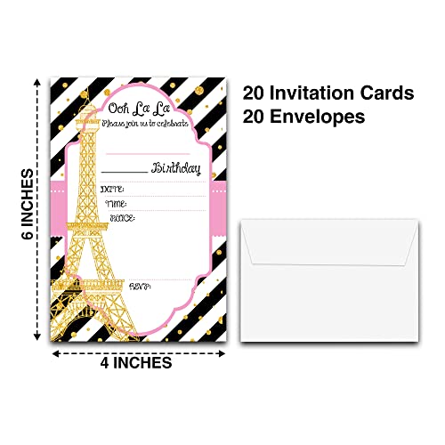 DETIHO 4" x 6" Paris Theme Birthday Party Invitation Cards With Envelopes - Fill In Style Party Invitation - 20 Sets - E21 - Image 2