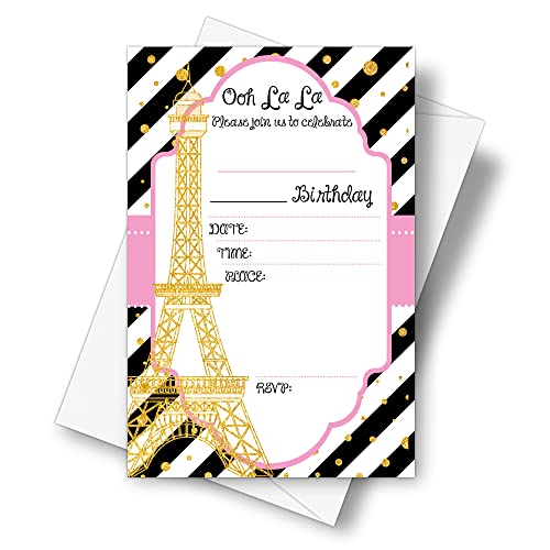 DETIHO 4" x 6" Paris Theme Birthday Party Invitation Cards With Envelopes - Fill In Style Party Invitation - 20 Sets - E21 - Image 1