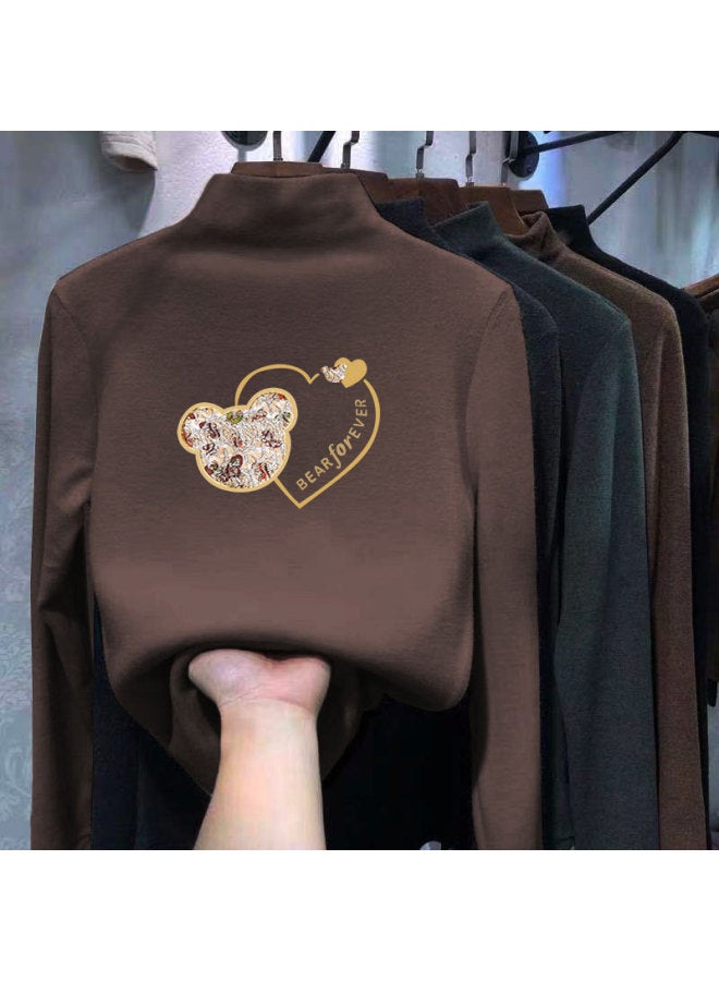 Boys And Girls Half Turtleneck German Velvet Bottoming Shirt Autumn And Winter New Warm Baby Cartoon Printed Long-sleeved T-shirt