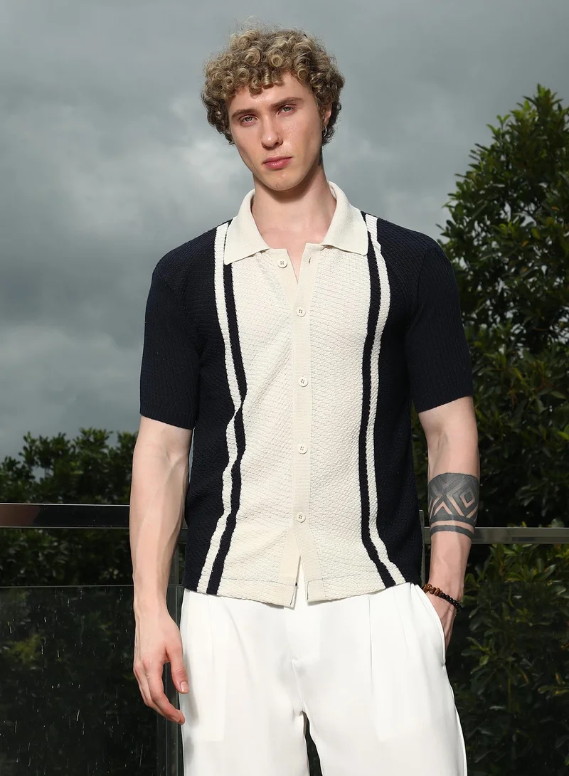 كامبوس سوترا Men's Navy And Cream Textured Knit Polo Shirt