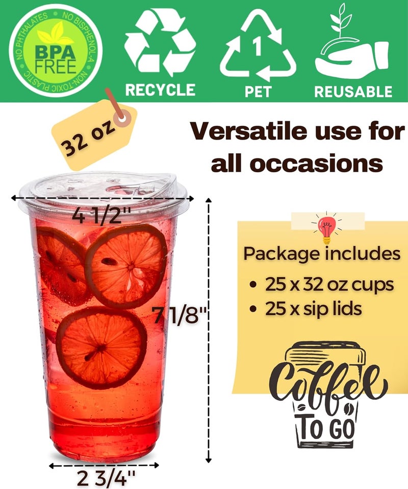 Aatriet 32 oz Clear Plastic Cups with Strawless-Sip-Lids, 25 Sets Disposable Cups Plastic Iced Coffee Cups, To Go Cup with Sip Through Lids for Smoothie, Milkshake, Cold Drinks for Party, Wedding, Event - Image 4