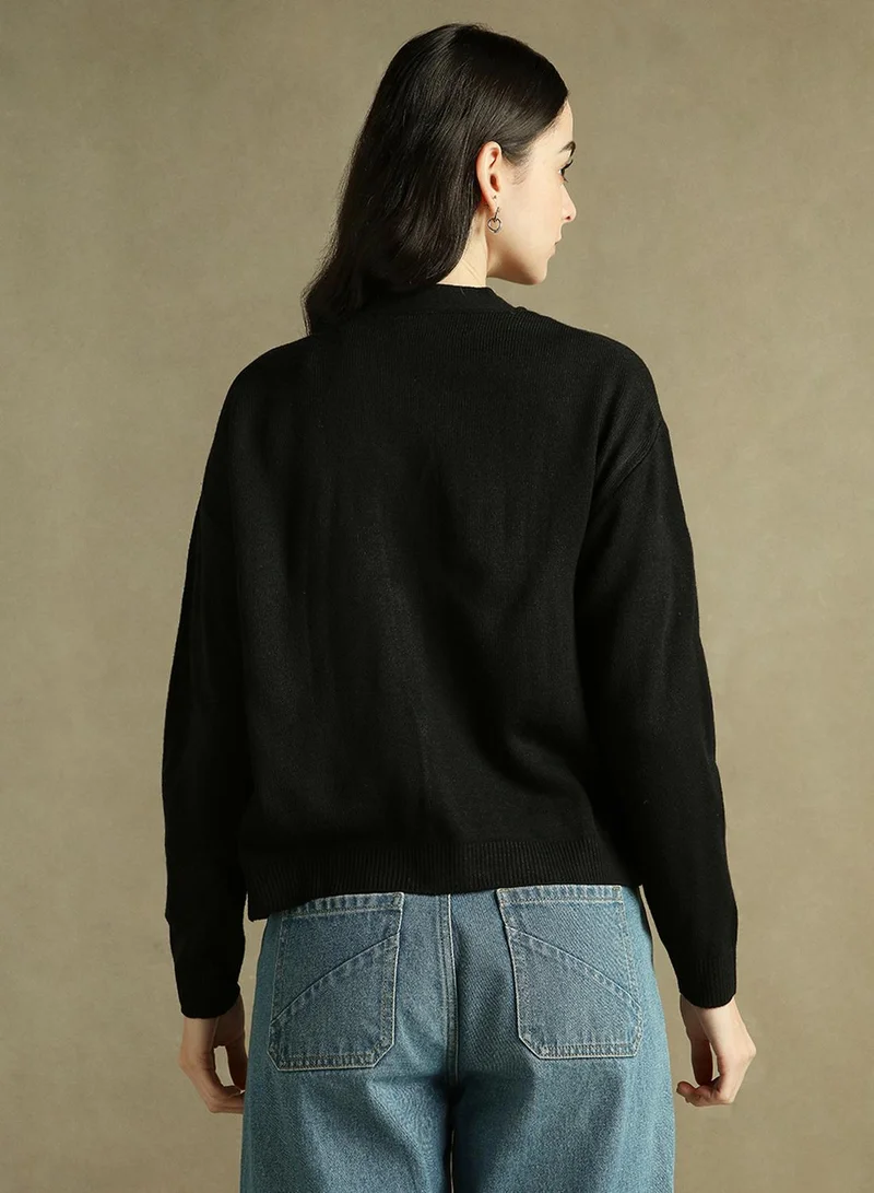 دينيس لينغو Women's Black 100% Acrylic Solid Regular Fit Sweater