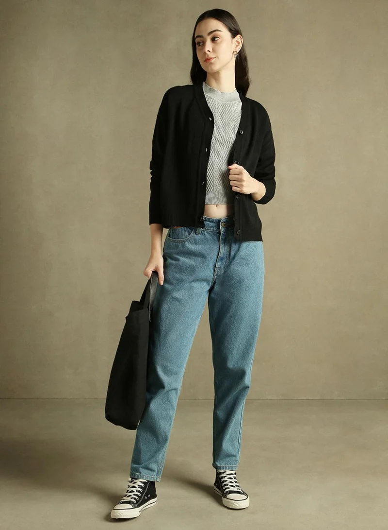 دينيس لينغو Women's Black 100% Acrylic Solid Regular Fit Sweater