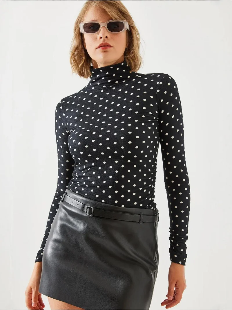 Bianco Lucci Multicolor LUCCI Turtleneck Spotted Ruched Blouse for Women | Best Price UAE