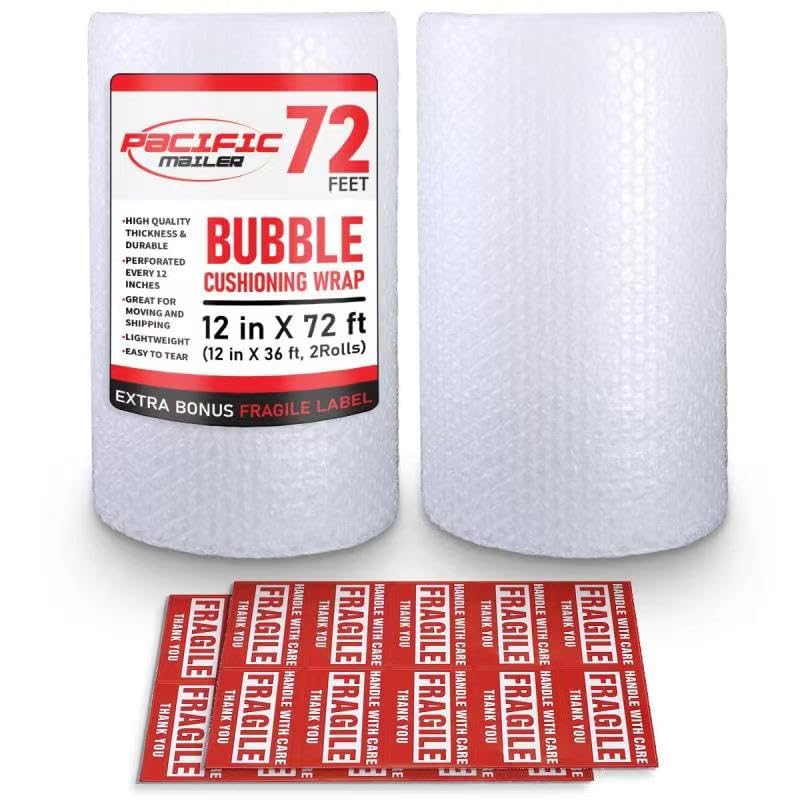 Pacific Mailer Bubble Cushioning Wrap Pacific Mailer 5/16 Inch x 12 Inch x 72Feet Total [2 Rolls of 36 Feet] Bubble Cushioning Wrap for Packing Moving Supplies Perforated Every 12" - Image 1