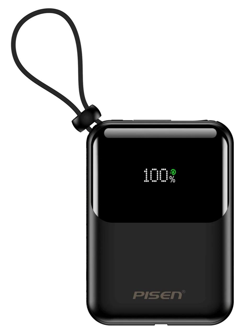 PISEN Sunny Power Mini Power Bank 10000mAh, 22.5W Fast Charging, Built-in Type-C & Lightning Cables, LED Display, PD/QC/FCP/AFC/SCP, Charge 4 Devices Simultaneously