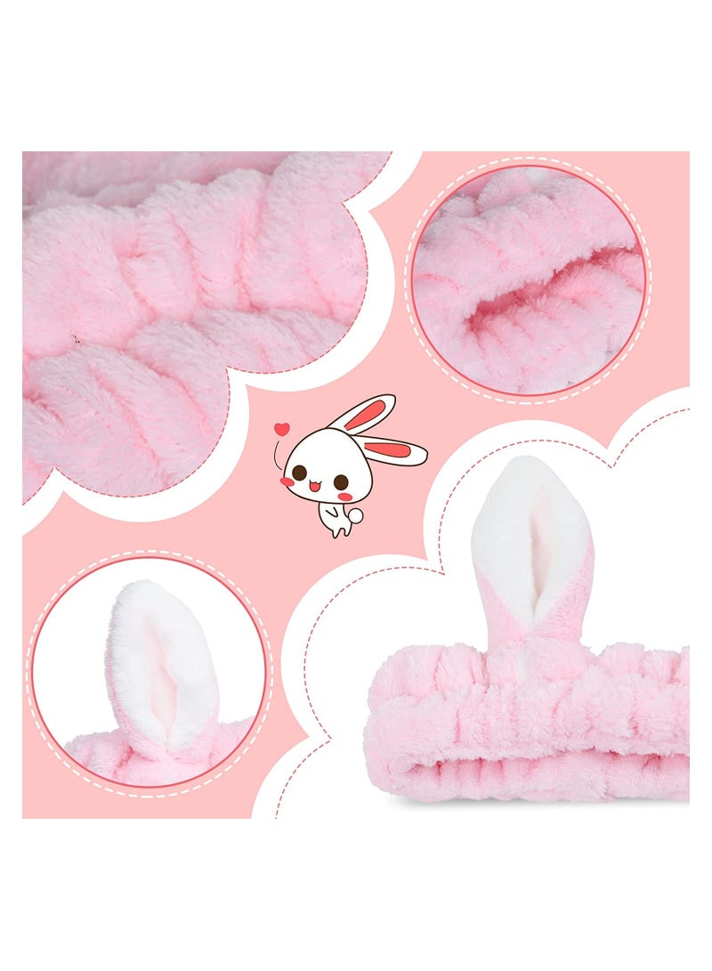 Loquat 4 Pack Elastic Makeup Headbands for Women Girls Lovely Bunny Ears Headbands Coral Fleece Headband for Washing Face SPA Head Wraps - Image 5