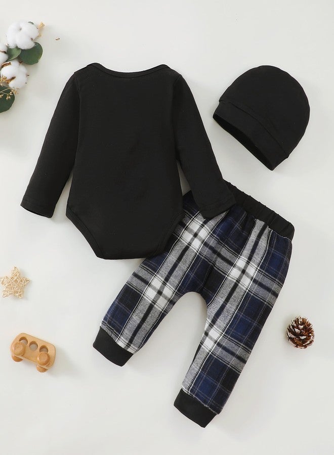 Renotemy Baby Boy Clothes 0-3 Months Fall Winter Newborn Boys Essentials Outfits Long Sleeve Letter Printed Round Neck Rompers Blue Elastic Waist Plaid Pants Hat 3 Piece Holiday Clothing Set - Image 4