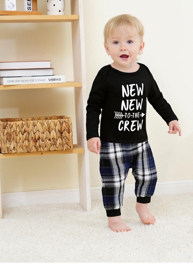 Renotemy Baby Boy Clothes 0-3 Months Fall Winter Newborn Boys Essentials Outfits Long Sleeve Letter Printed Round Neck Rompers Blue Elastic Waist Plaid Pants Hat 3 Piece Holiday Clothing Set - Image 3