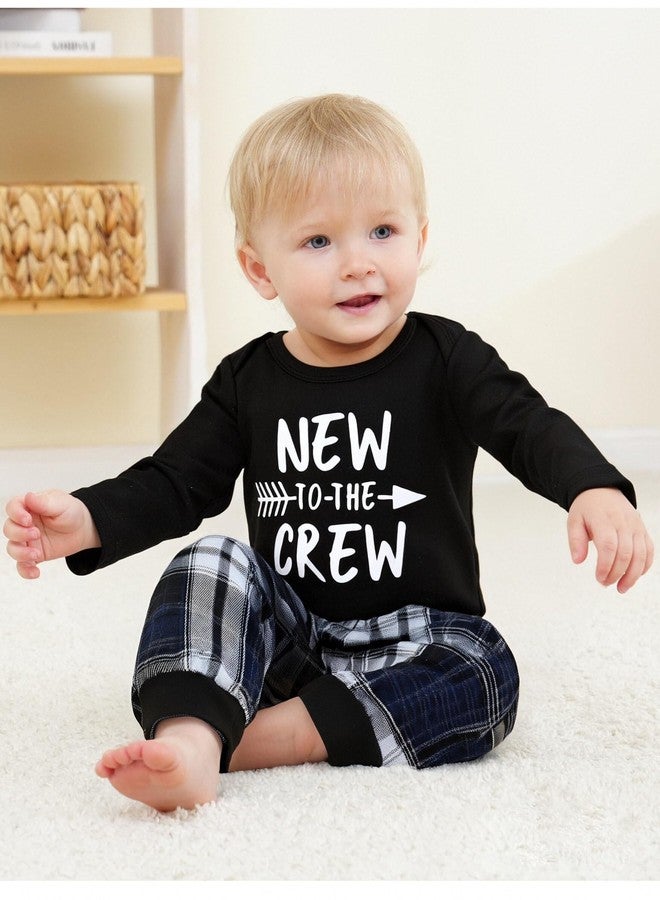 Renotemy Baby Boy Clothes 0-3 Months Fall Winter Newborn Boys Essentials Outfits Long Sleeve Letter Printed Round Neck Rompers Blue Elastic Waist Plaid Pants Hat 3 Piece Holiday Clothing Set - Image 2