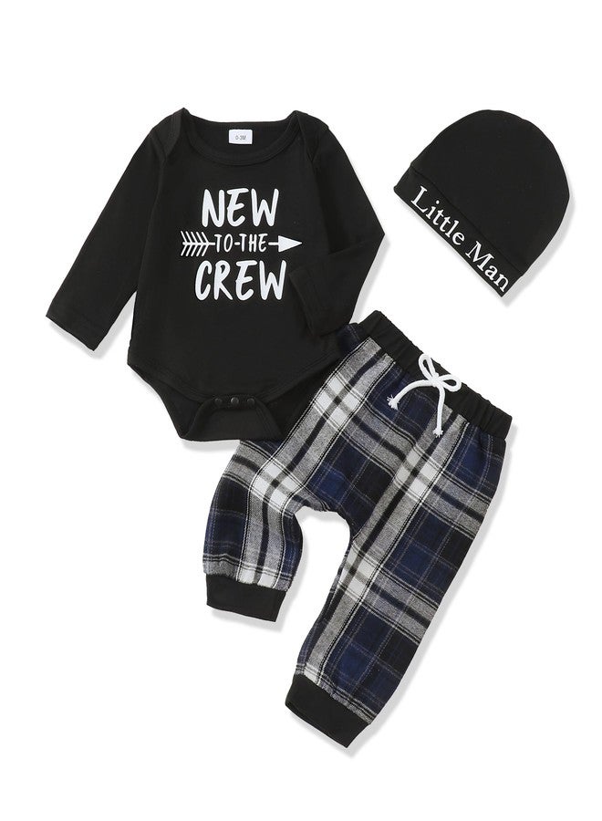 Renotemy Baby Boy Clothes 0-3 Months Fall Winter Newborn Boys Essentials Outfits Long Sleeve Letter Printed Round Neck Rompers Blue Elastic Waist Plaid Pants Hat 3 Piece Holiday Clothing Set - Image 1