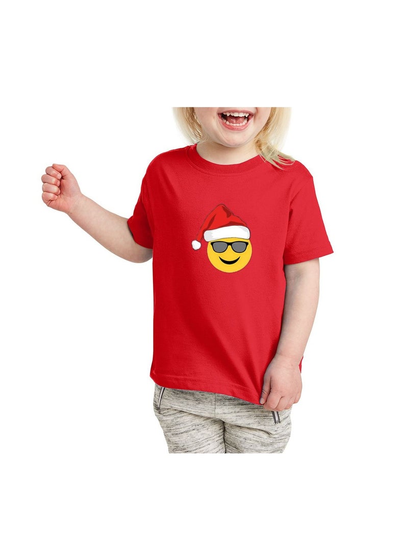 PRINTSHOP4ME - Christmas Emoji Kids Red T-Shirt For Girls–Soft Cotton Round Neck Short Sleeve T-Shirt With Smiley Face Emoji–Great For Parties - Image 1