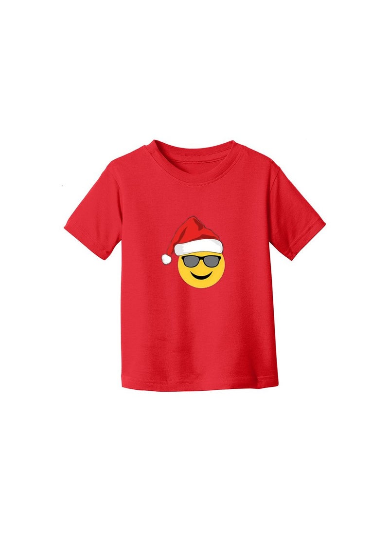 PRINTSHOP4ME - Christmas Emoji Kids Red T-Shirt For Girls–Soft Cotton Round Neck Short Sleeve T-Shirt With Smiley Face Emoji–Great For Parties - Image 1