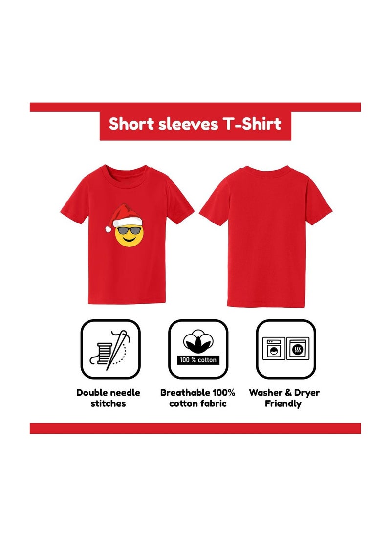PRINTSHOP4ME - Christmas Emoji Kids Red T-Shirt For Girls–Soft Cotton Round Neck Short Sleeve T-Shirt With Smiley Face Emoji–Great For Parties - Image 1