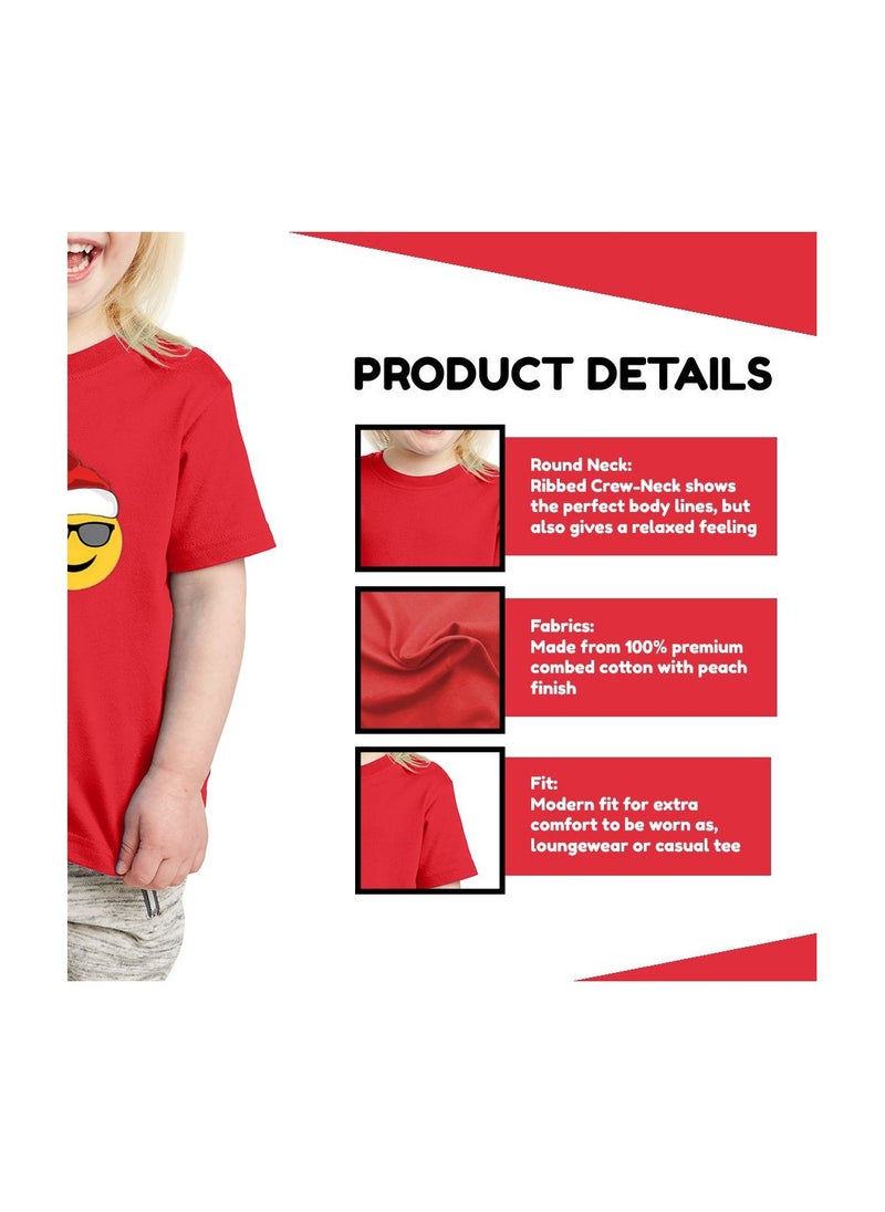 PRINTSHOP4ME - Christmas Emoji Kids Red T-Shirt For Girls–Soft Cotton Round Neck Short Sleeve T-Shirt With Smiley Face Emoji–Great For Parties - Image 1