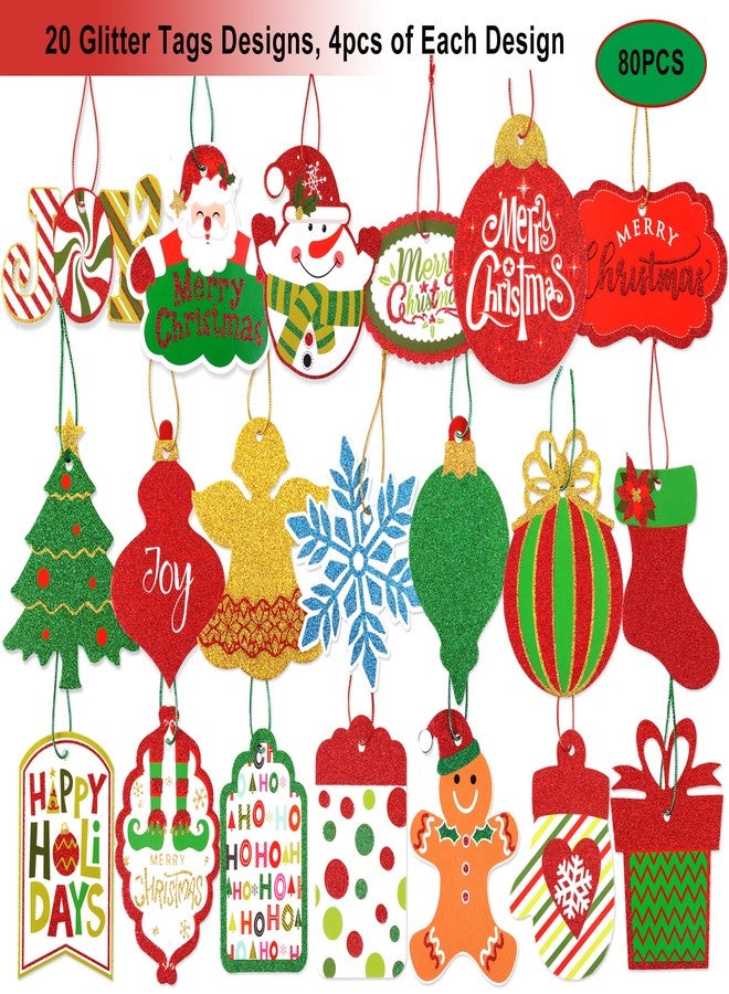 POPGIFTU Large Christmas Gift Tags – 80 Pcs Glitter Paper Hanging Name Labels with String, 20 Assorted Designs for Xmas Present Wrapping, Holiday Party & Craft Favors - Image 5
