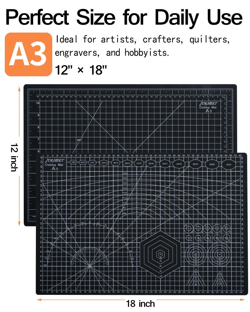 Idemeet Density-upgraded 18"x12" Self Healing Cutting Mat, Idemeet Rotary Sewing Mat for Crafts, 5-Ply Blade Table Protector Cut Board for Fabric Leather Cutting Quilting Modeling Hobby Project, A3, Black - Image 2