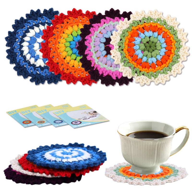 Tusmad 4Pcs DIY Floral Crocheting Coasters Material Kit with Ergonomic Hooks Vibrant Yarns Needle StepbyStep Guide Decorative Functional Tea Coasters Ergonomic Hooks Vibrant Yarns