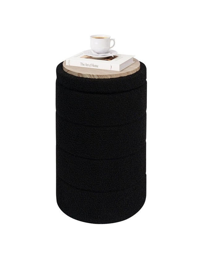 PINPLUS Round Storage Ottoman Foot Rest Stool with Tray Velvet Sherpa Folding Storage Ottoman,Boucle Foot Rest for Living Room, Bedroom, Dorm,Black Color - Image 1