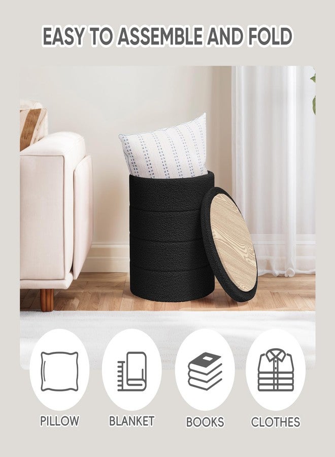PINPLUS Round Storage Ottoman Foot Rest Stool with Tray Velvet Sherpa Folding Storage Ottoman,Boucle Foot Rest for Living Room, Bedroom, Dorm,Black Color - Image 2