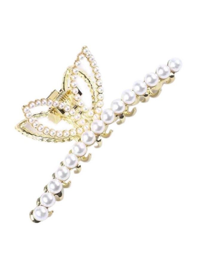 fabula Jewellry GoldTone White Pearls Bow Design Large Big Hair Clip Hair Claw for Women & Girls Stylish Latest - Image 2