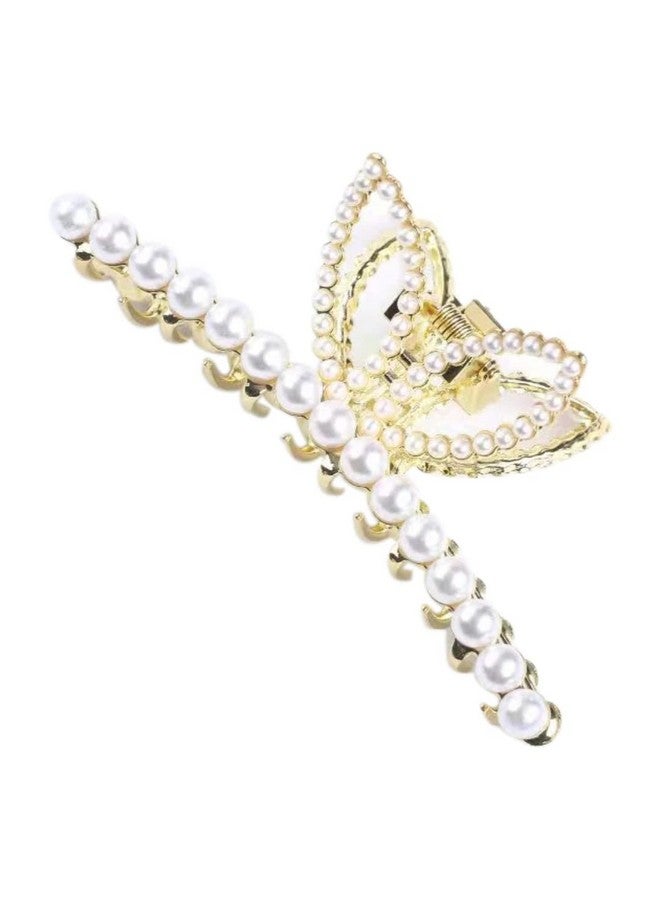 fabula Jewellry GoldTone White Pearls Bow Design Large Big Hair Clip Hair Claw for Women & Girls Stylish Latest - Image 1