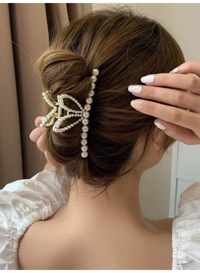 fabula Jewellry GoldTone White Pearls Bow Design Large Big Hair Clip Hair Claw for Women & Girls Stylish Latest - Image 3