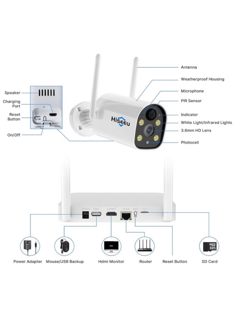Hiseeu - Hiseeu 10CH 4K NVR with 4 Wireless Security Camera System Outdoor Indoor, AI Human Detection, 2-Way Audio, 4MP Solar Powered Cameras with Color Night Vision, IP66 Waterproof, 1TB Hard Drive preinstalled - Image 1