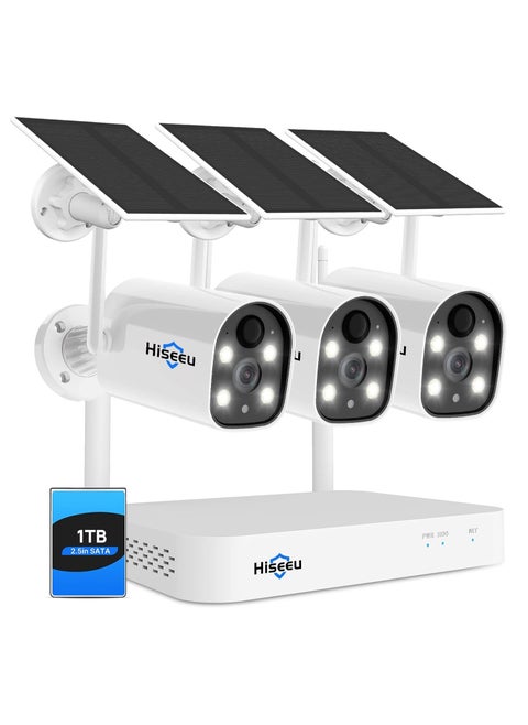 Hiseeu 10CH 4K NVR with 4 Wireless Security Camera System Outdoor Indoor, AI Human Detection, 2-Way Audio, 4MP Solar Powered Cameras with Color Night Vision, IP66 Waterproof, 1TB Hard Drive preinstalled