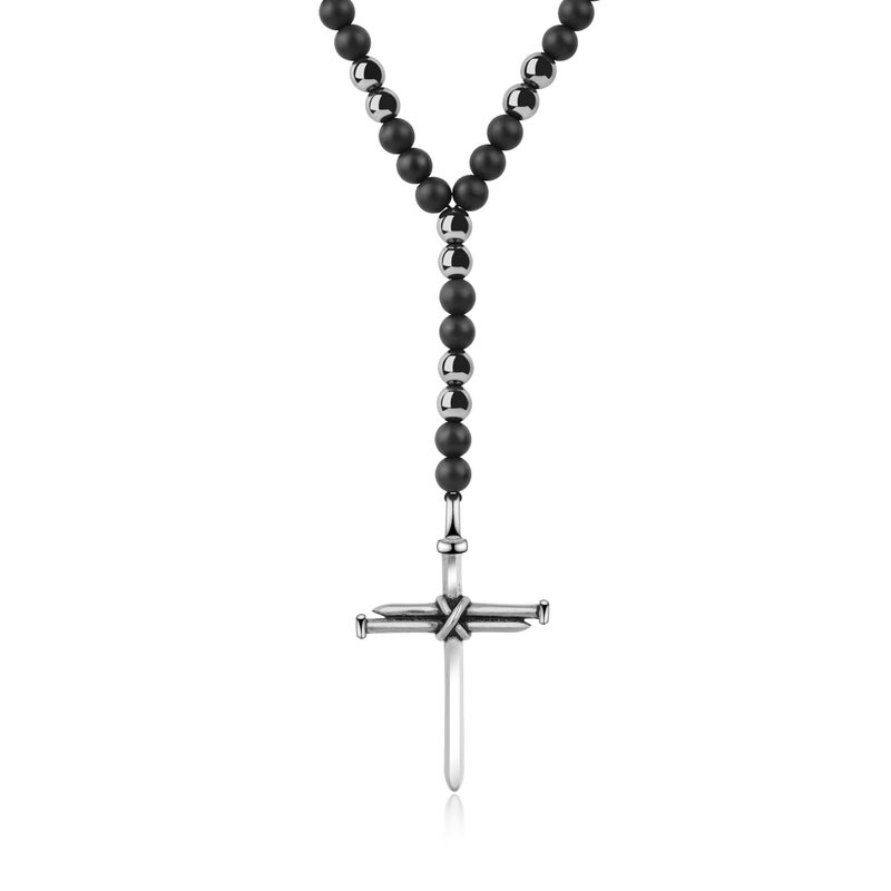 GAVU 6mm Mens Cross Necklace Y Necklace Beaded Necklace Matte Onyx Hematite 26 - Image 2