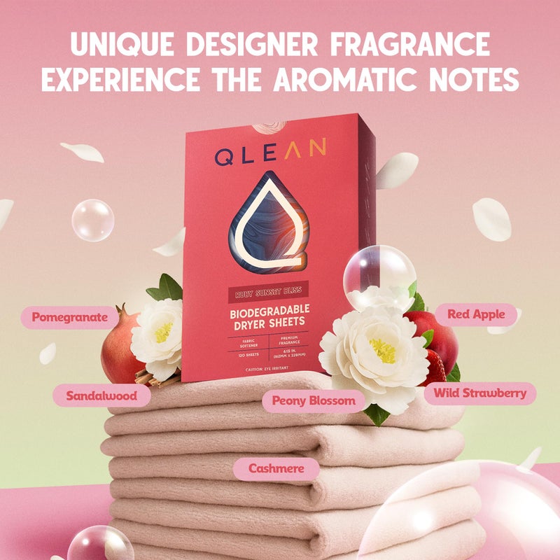 QLEAN Dryer Sheets | Natural Fabric Softener & Removes Static Cling | Vegan Laundry Softener | Soft, Fresh Laundry, Perfect for Clothes and Beddings - 120 Loads (Ruby Sunset Bliss) - Image 3
