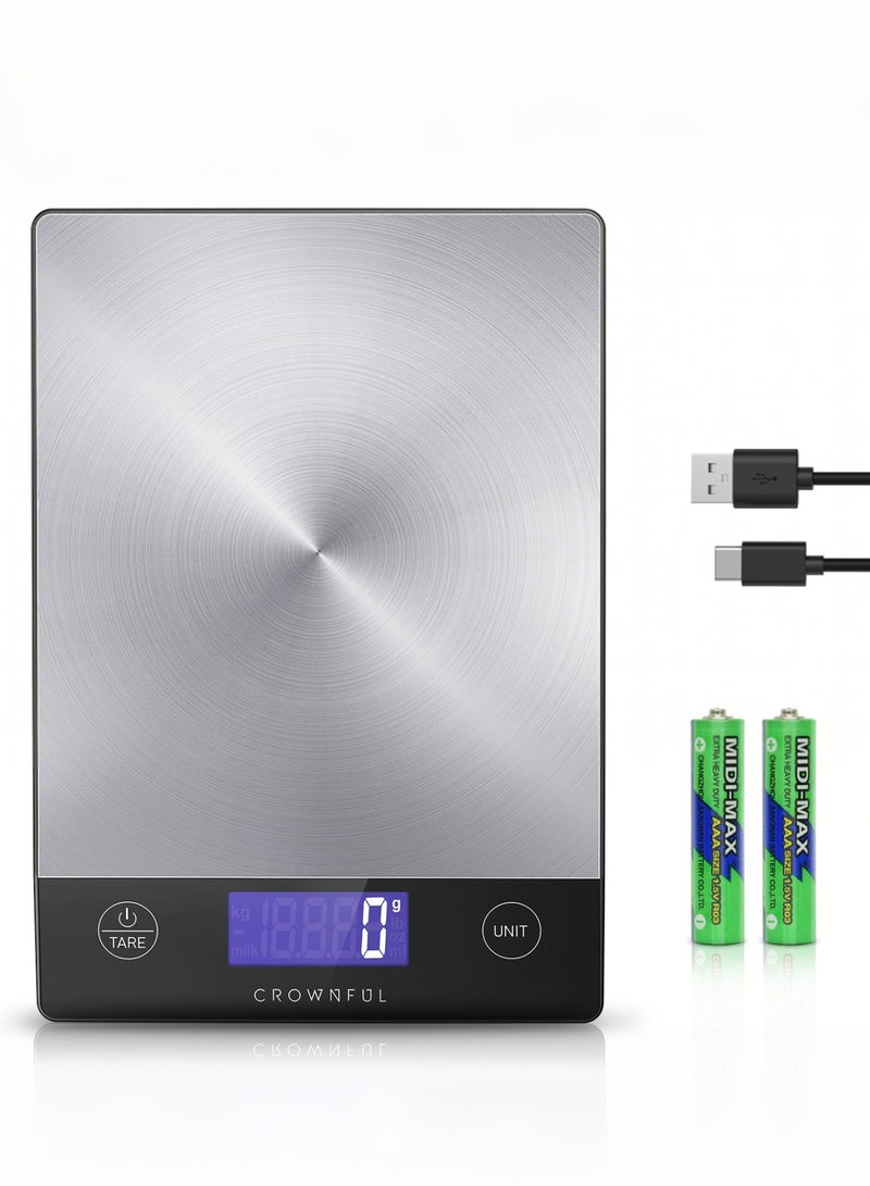 كراونفول ميزان طعام CROWNFUL سعة 15 كجم، ميزان مطبخ رقمي من الفولاذ المقاوم للصدأ 304 قابل للشحن، بالجرام والأونصة مع شاشة LCD وشحن Type-C للخبز والطهي - Image 1