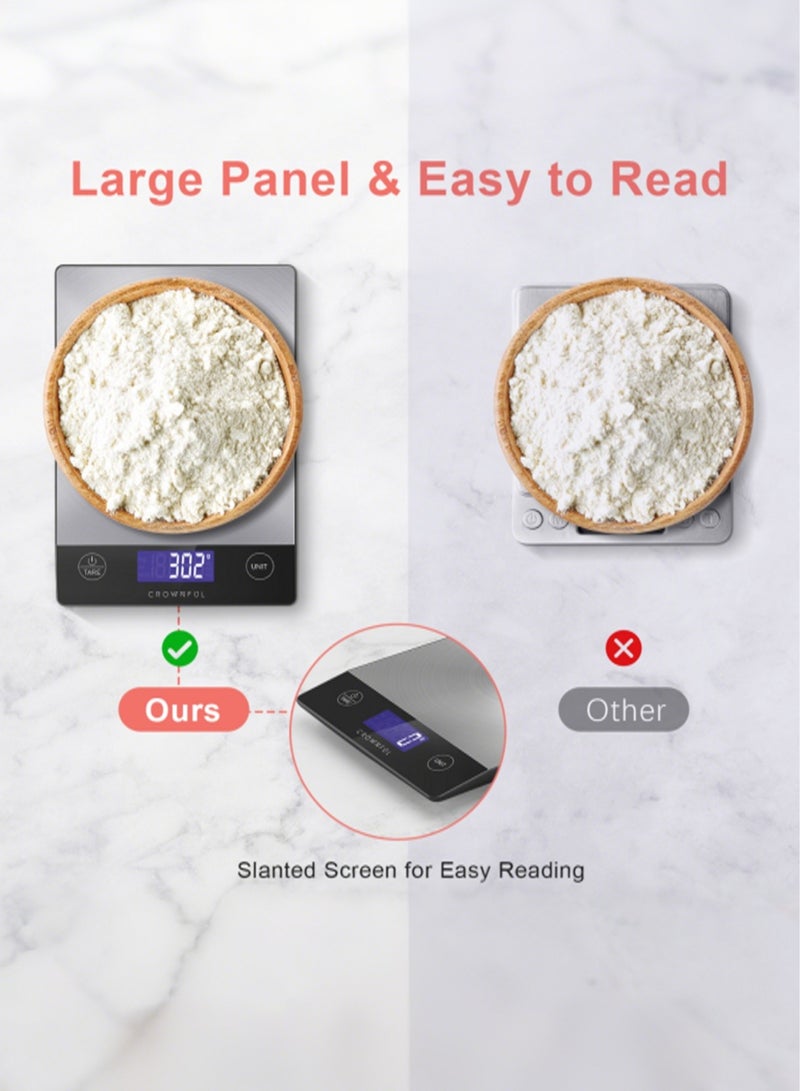 كراونفول ميزان طعام CROWNFUL سعة 15 كجم، ميزان مطبخ رقمي من الفولاذ المقاوم للصدأ 304 قابل للشحن، بالجرام والأونصة مع شاشة LCD وشحن Type-C للخبز والطهي - Image 2