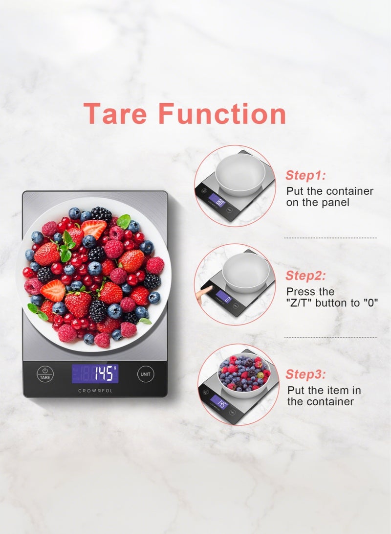 كراونفول ميزان طعام CROWNFUL سعة 15 كجم، ميزان مطبخ رقمي من الفولاذ المقاوم للصدأ 304 قابل للشحن، بالجرام والأونصة مع شاشة LCD وشحن Type-C للخبز والطهي - Image 5