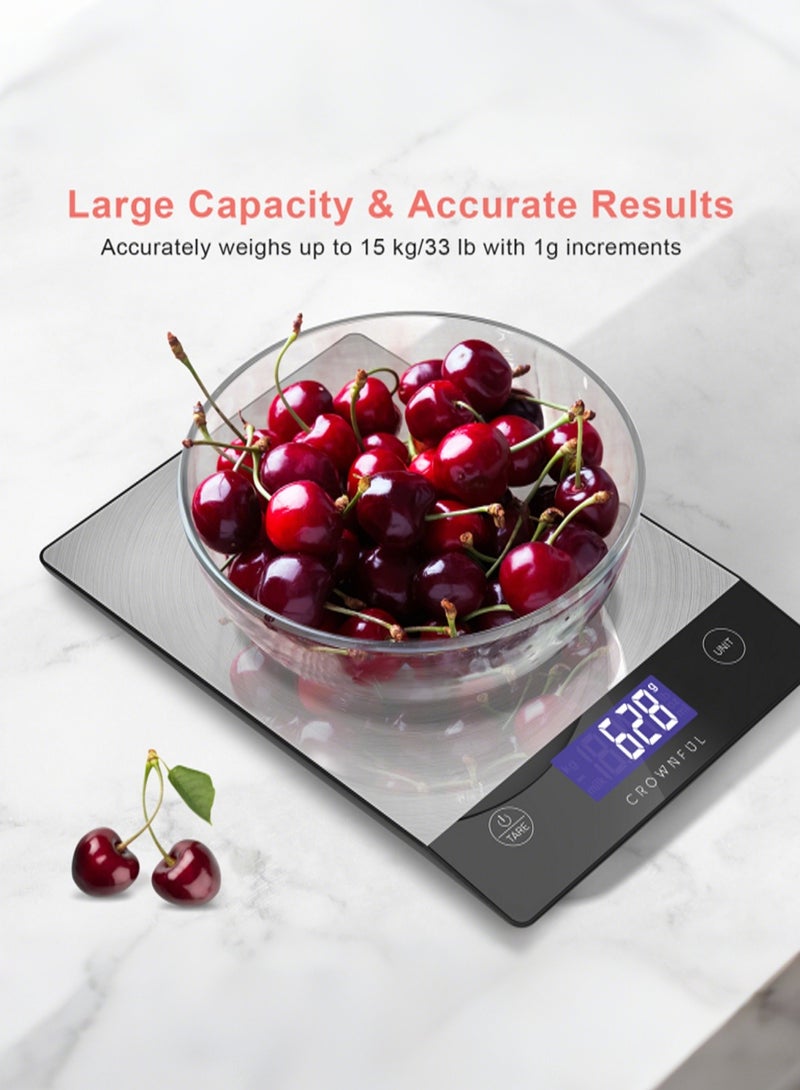 كراونفول ميزان طعام CROWNFUL سعة 15 كجم، ميزان مطبخ رقمي من الفولاذ المقاوم للصدأ 304 قابل للشحن، بالجرام والأونصة مع شاشة LCD وشحن Type-C للخبز والطهي - Image 4